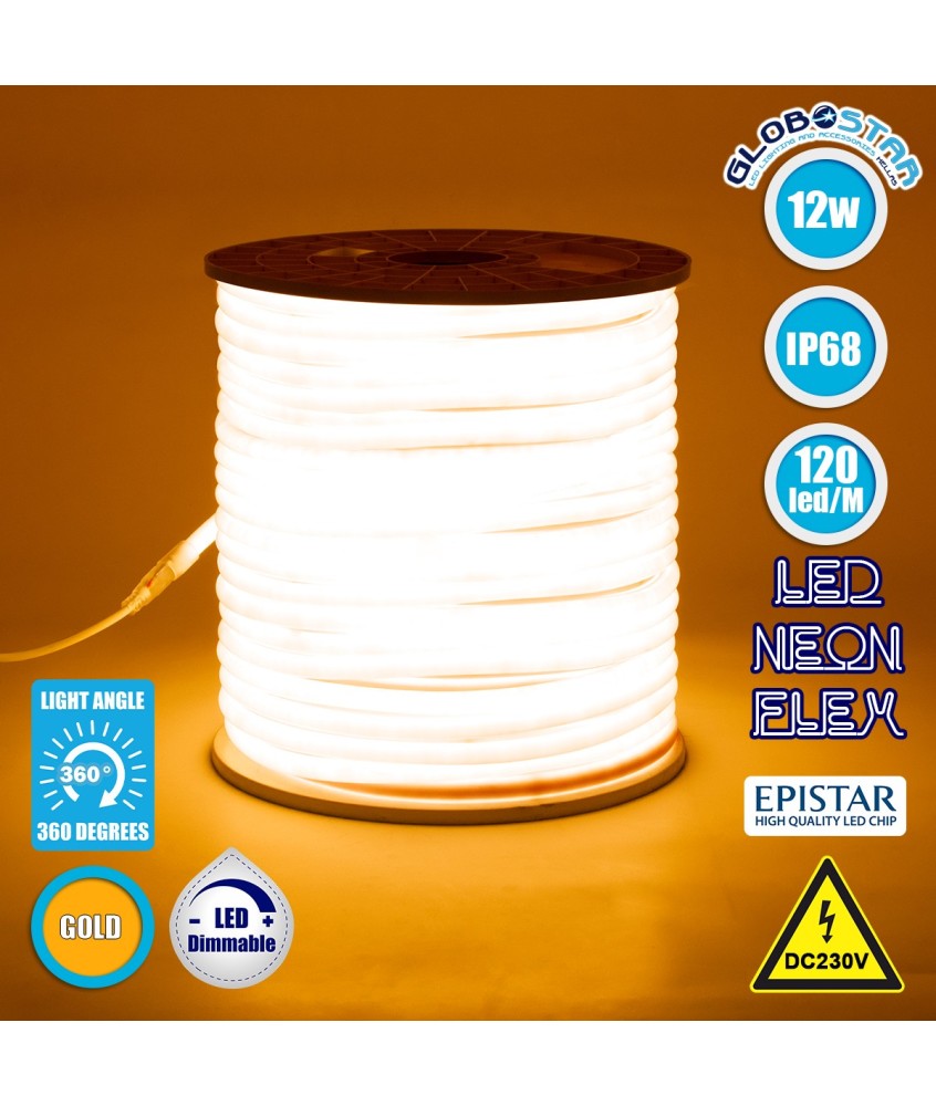 GLOBOSTAR® NEOTUBE 70596 Ταινία Neon Flex LED 12W-m 720lm-m 360° DC 220-240V Αδιάβροχο IP65 120 x SMD2835 Chip-m Ultra Θερμό Λευκό 2200K Dimmable - Sanan SMD Chip - Μ100 x Π1.3 x Υ1.3cm - 3 Χρόνια Εγγύηση